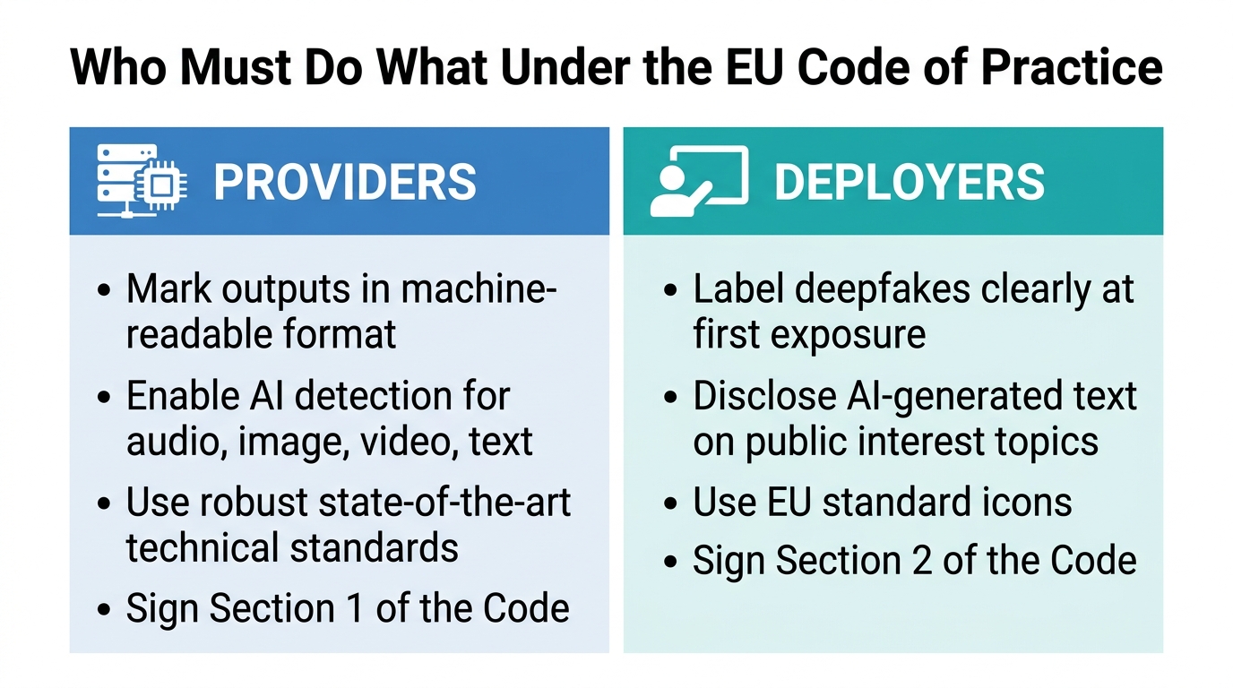 Infographic: Providers must mark outputs in machine-readable format and enable AI detection; Deployers must label deepfakes, disclose AI-generated text on public interest topics, and use EU standard icons