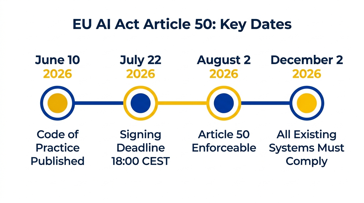 EU AI Act Article 50 Key Dates infographic: June 10 Code of Practice published, July 22 signing deadline, August 2 Article 50 enforceable, December 2 all existing systems must comply